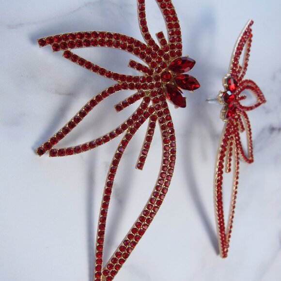 Elegant Big Wing Stud Red Earrings for Women Metallic with Rhinestones - Picture 2 of 6